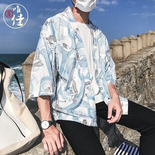浮世绘kimono道袍云中鹤衬衫男复古中国风夏季仙鹤防晒服衬衣外套