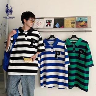 短袖 男港风复古潮牌ins百搭青少年潮流刺绣五分袖 条纹POLO衫 夏季