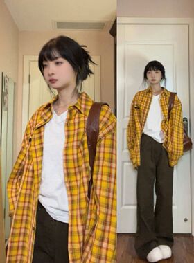 美式多巴胺黄色格子长袖衬衫女春秋设计感小众防晒开衫衬衣外套潮