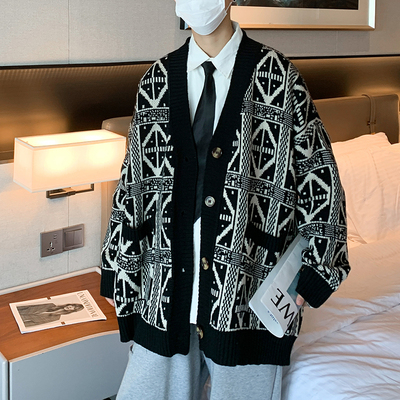 秋冬季开衫毛衣男港风chic潮流宽松休闲慵懒风高级感情侣装针织衫