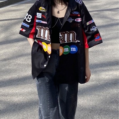 美式刺绣拼色短袖衬衫男女宽松