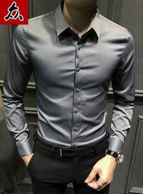 韩版修身商务休闲衬衣免烫潮流帅气寸衫12薄款灰色衬衫男长袖