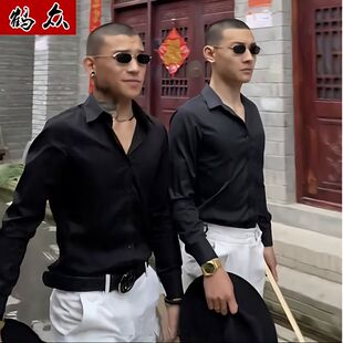 衬衣新12快手网红寸衣精神外套 纯色长袖 社会黑武士小伙衬衫 男修身