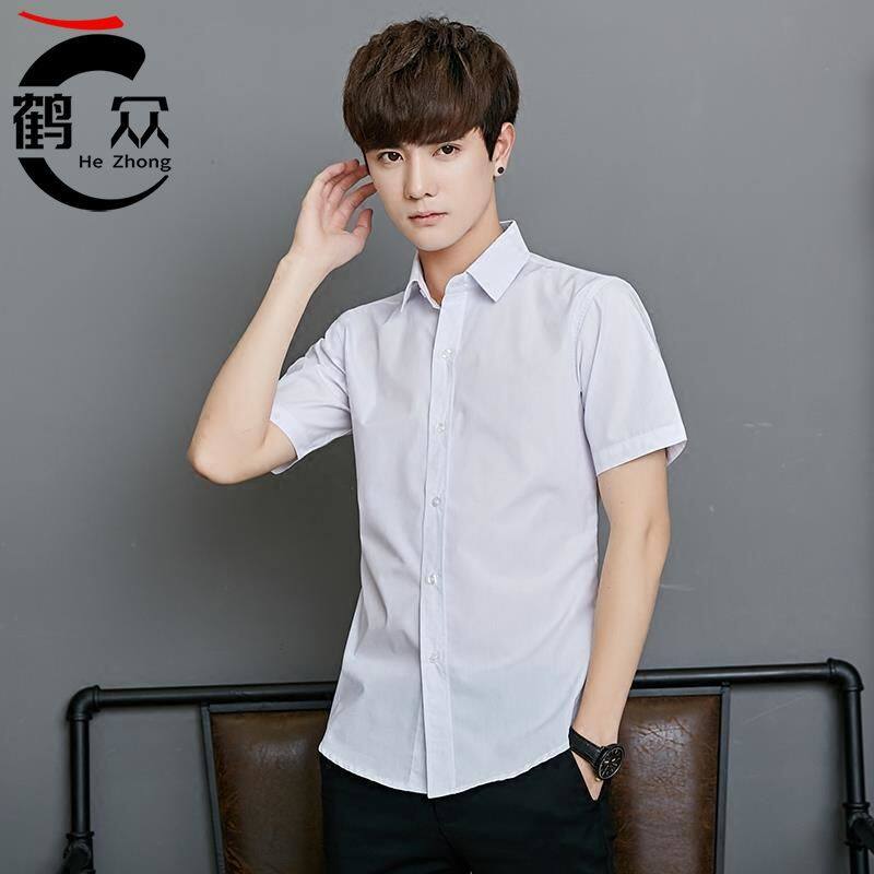 短袖衬衫男纯色夏季薄学生韩版潮流修身青少年白色休闲大码寸衫12