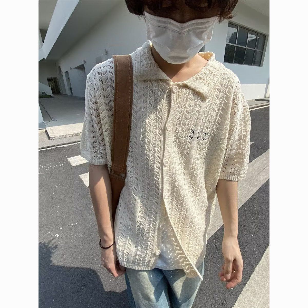 薄款针织衬衫镂空男女夏季港风复古设计感衬衣宽松休闲短袖外套12