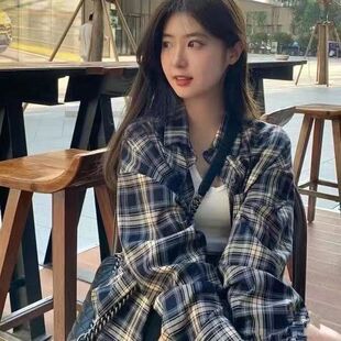 潮牌宽松百搭休闲开衫 男女翻领长袖 衬衣外套 复古格子衬衫 2023美式