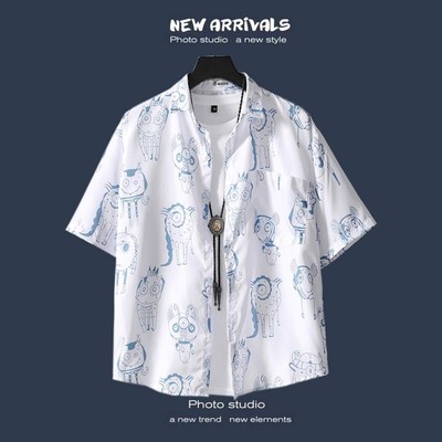 海滩碎花衬衫短袖男夏季薄款宽松ins潮流复古夏威夷慵懒外套衬衣