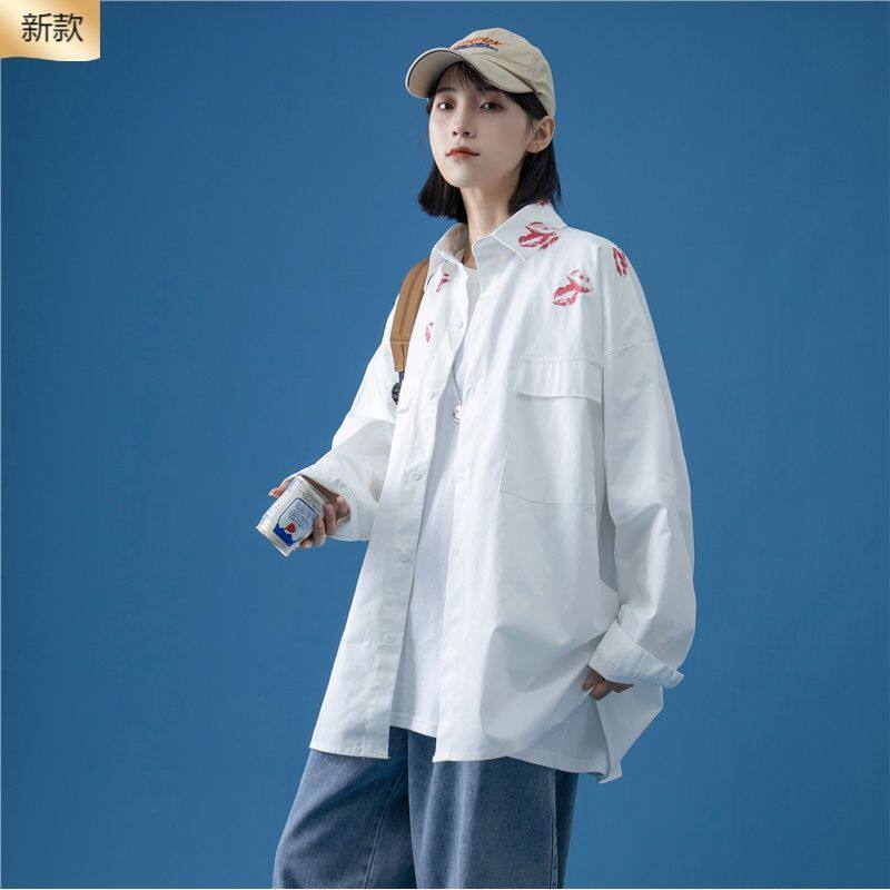 2023新款爆款夏季情侣款春夏口红印花长袖衬衫上档次薄款白衬衫女