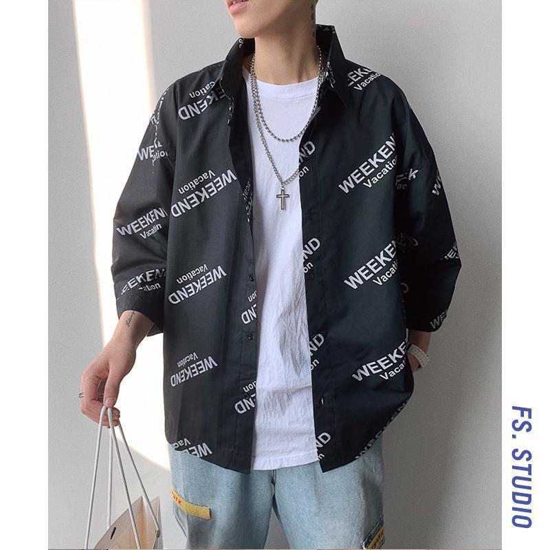 港风日系衬衣男士半袖韩版潮流帅气短袖痞帅夏季7七分袖衬衫外套