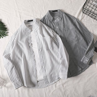 潮流宽松夏季 超火ins条纹衬衫 韩版 衬衣长袖 文艺港风原宿 外套男士