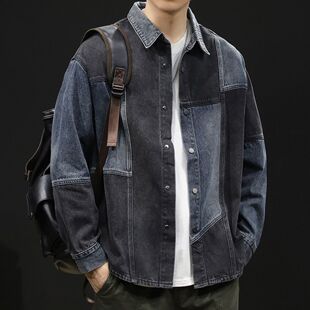 秋季蓝黑拼接男款23新款衬衣外套男士潮牌春秋上衣牛仔衬衫男长袖