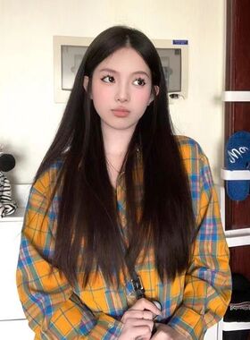 美式复古长袖防晒格子衬衫夏季新款设计感气质黄色POLO领宽松上衣