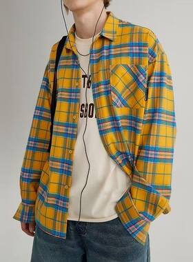 长袖格子衬衫外套男女春秋潮流百搭复古小众衬衣休闲宽松上衣服