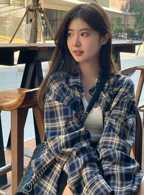 春秋季美式复古辣妹风长袖格子衬衫男女宽松百搭高街情侣衬衣外套