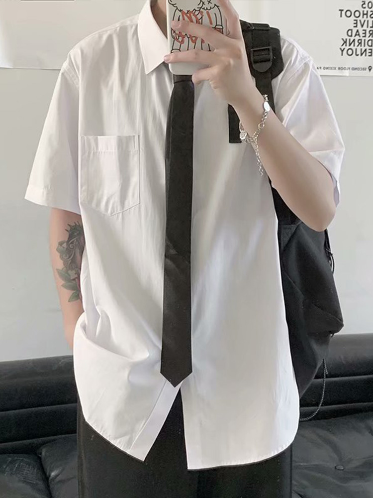 夏季短袖衬衫男白色韩版潮流宽松港风休闲学生套装班服dk制服衬衣