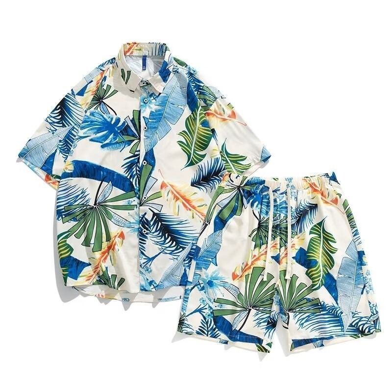 夏季夏威夷衬衫男两件套旅游短袖短裤搭配情侣沙滩服透气套装12IN
