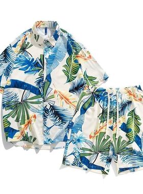 夏季夏威夷衬衫男两件套旅游短袖短裤搭配情侣沙滩服透气套装12IN