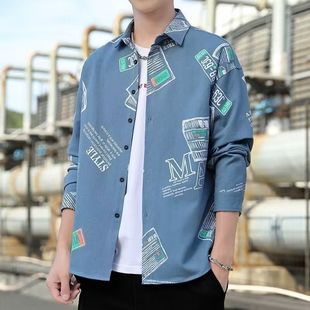 印花长袖衬衫男士2023夏季新款休闲寸衫上衣潮流秋季衬衣外套男款