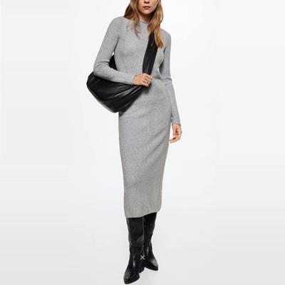 妞妞家秋冬款女士简约欧美风长款羊毛圆领长袖毛织连衣裙8036