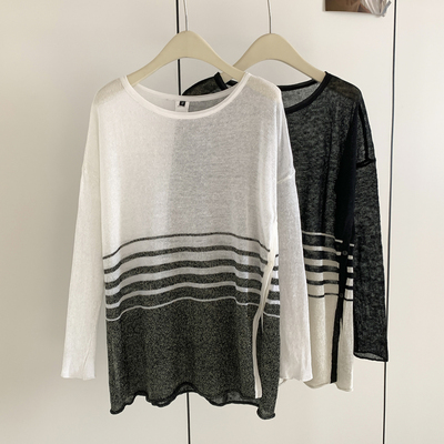 妞妞家春夏新品女士圆领亚麻拼色宽版镂空设计罩衫针织防晒衫8712