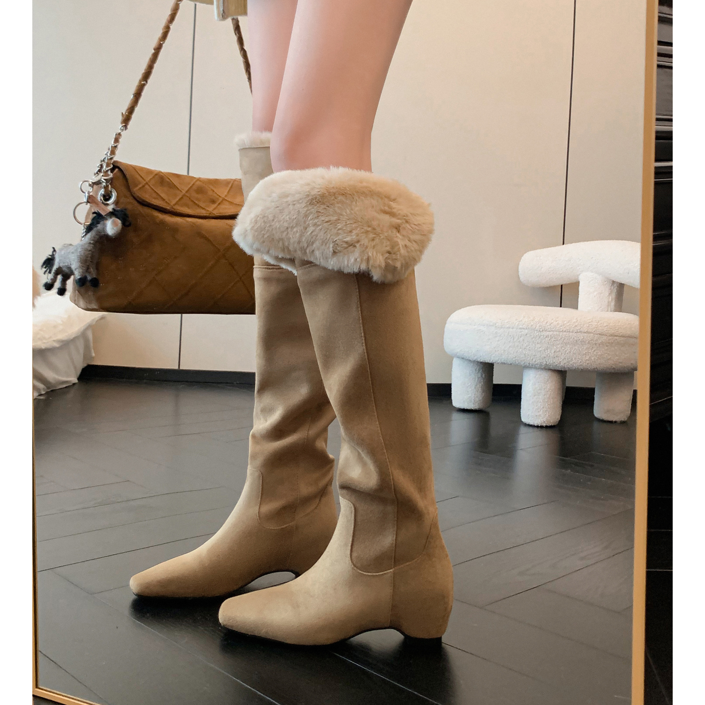 韩版杏色秋冬真皮高筒骑士女靴