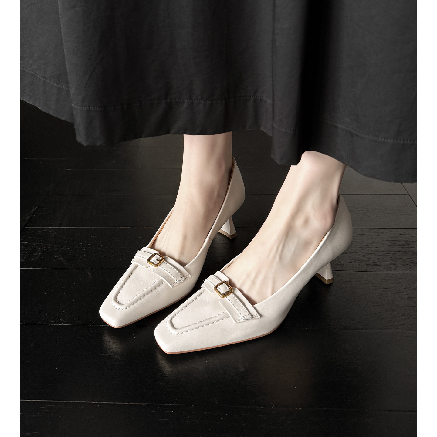 真皮都市通勤简约白色方头浅口单鞋精致黑色显瘦方扣高跟套脚单鞋,女鞋,棉鞋,淘宝优惠券,粉丝福利购,淘宝优惠卷