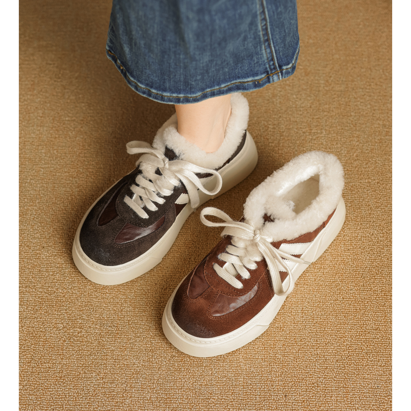 秋冬百搭加绒厚底松糕系带德训鞋