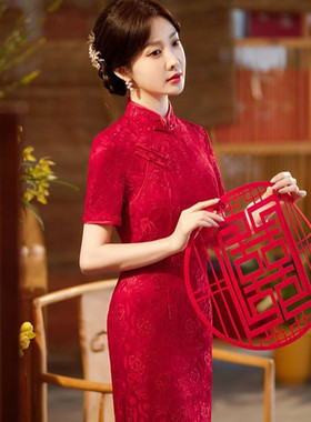 2024年新款订婚红色旗袍礼服蕾丝气质年轻款长款敬酒服连衣裙2046