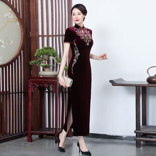 手工刺绣金丝绒长款旗袍女修身显瘦开衩婚礼妈妈装中国风