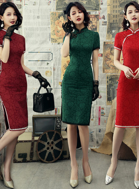 新款提花棉旗袍 中式改良中长款蕾丝边连衣裙修身显瘦日常旗袍