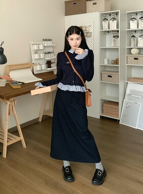 条纹拼接法式气质长袖针织开衫长款半身裙女秋季2026新款时尚套装