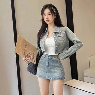 套装烫钻春秋短款牛仔2026外套两件套裙裤重工气质女+设计感韩版