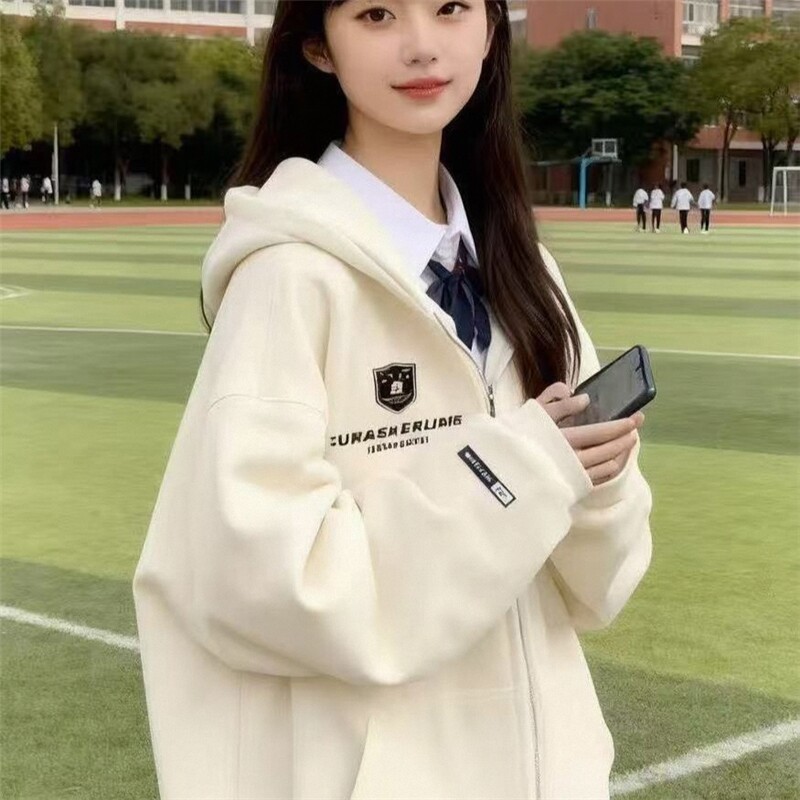 连帽卫衣外套长袖春秋加绒慵懒纯欲外穿通勤学院宽松休闲高街美式
