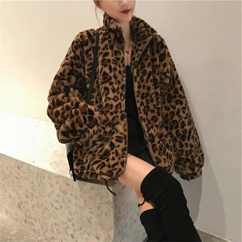 秋冬新款加棉加厚豹纹外套百搭宽松复古毛绒大衣豹纹仿水貂绒外套