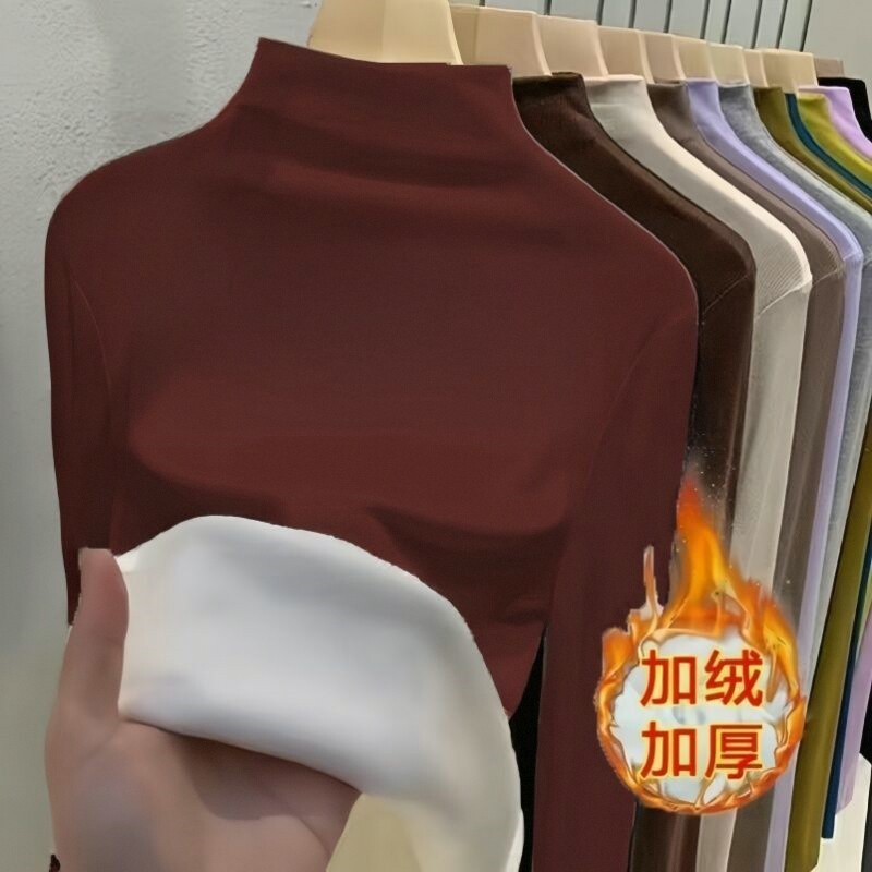安可拉红加绒加厚半高领内搭打底衫女秋冬季新款修身显瘦长袖上衣图片