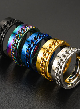 男士钛钢可转动罗马链条戒指