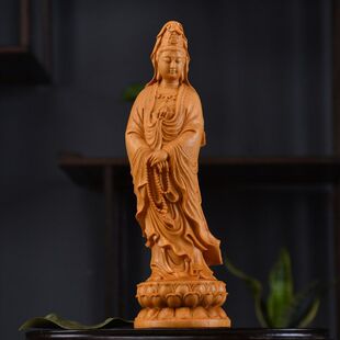 佛像雕刻观音木雕摆件实木装饰工艺品黄杨菩萨崖柏观世音供奉念珠