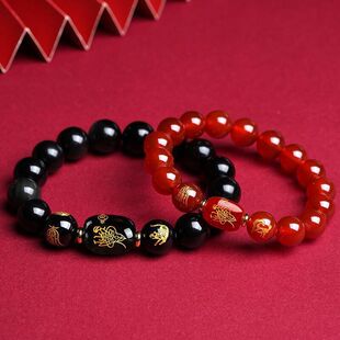 佛珠女兔龙男送情侣手链鸡鼠马红玛瑙黑曜石家人十二生肖手串2023