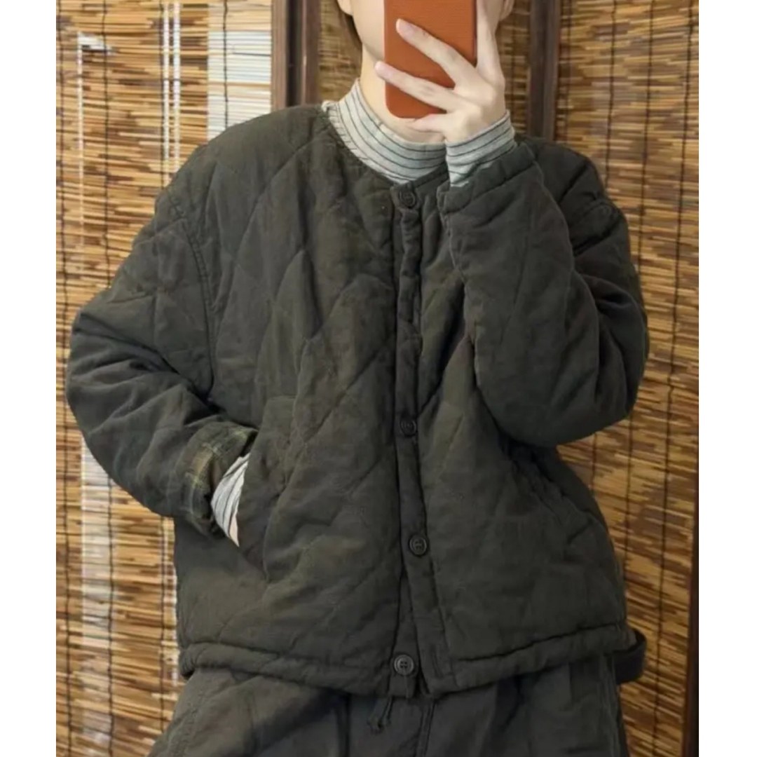 希哦2025秋冬新款女士菱格压线圆领亚麻外套保暖夹棉上衣棉服