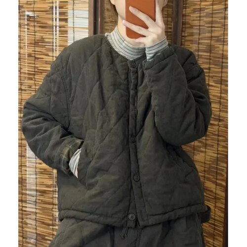 希哦2025秋冬新款女士菱格压线圆领亚麻外套保暖夹棉上衣棉服