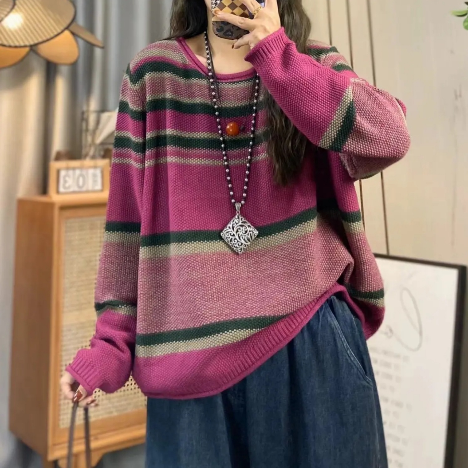 2025秋季新款圆领长袖套头女文艺休闲宽松条纹毛棉线针织衫