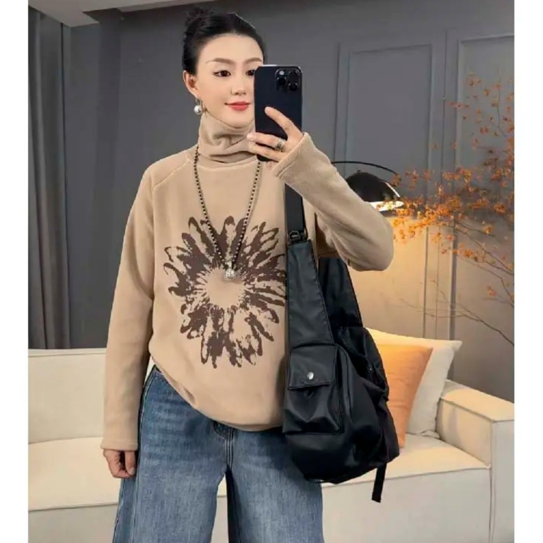 休闲时尚简约百搭印花长袖2025秋冬加厚保暖小花高领上衣卫衣绒衫
