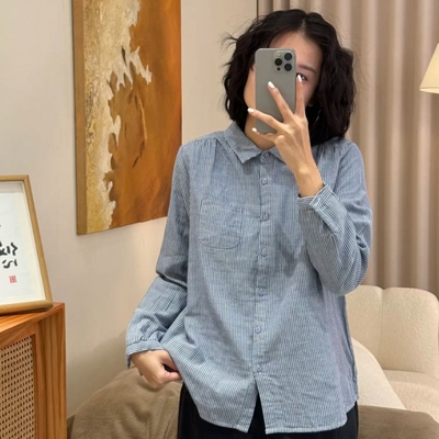 2025秋款纯棉双层纱简约洋气宽松条纹休闲衬衫文艺范长袖翻领衬衣