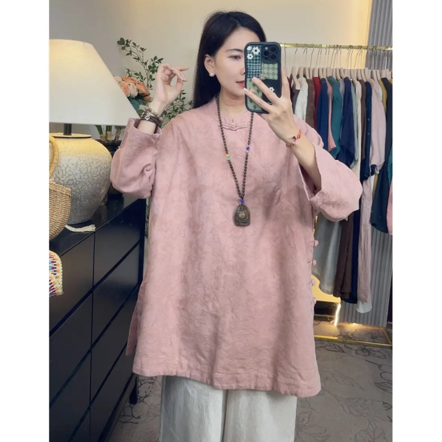 【诗续】高品质100%亚麻提花中式盘扣精致衬衫女宽松气质上衣,女装/女士精品,衬衫,淘宝优惠券,粉丝福利购,淘宝优惠卷