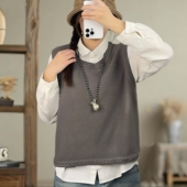 2026春秋新款 圆领套头棉线针织马甲女休闲百搭叠穿外搭上衣马夹