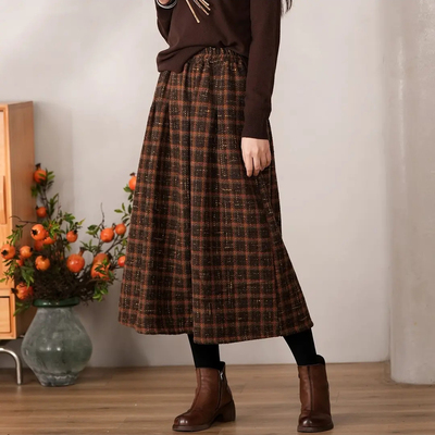 中长款A字文艺格子棉半身裙