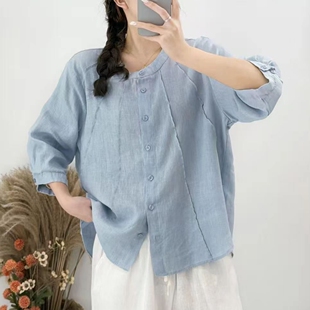 时尚七分袖亚麻衬衫女夏季新款气质休闲宽松显瘦开衫立领短袖衬衣