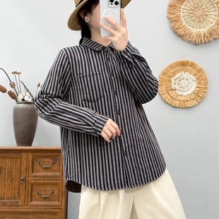 夹棉衬衫长袖休闲宽松条纹文艺韩版纯棉2025秋冬新款保暖棉衣外套