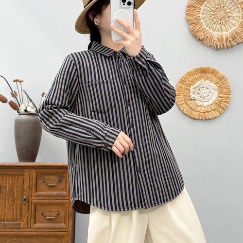 宽松休闲单排扣长袖夹棉条纹衬衫