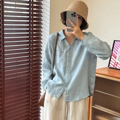 100%亚麻衬衫女2026春季新款翻领长袖宽松文艺衬衣单排扣防晒上衣
